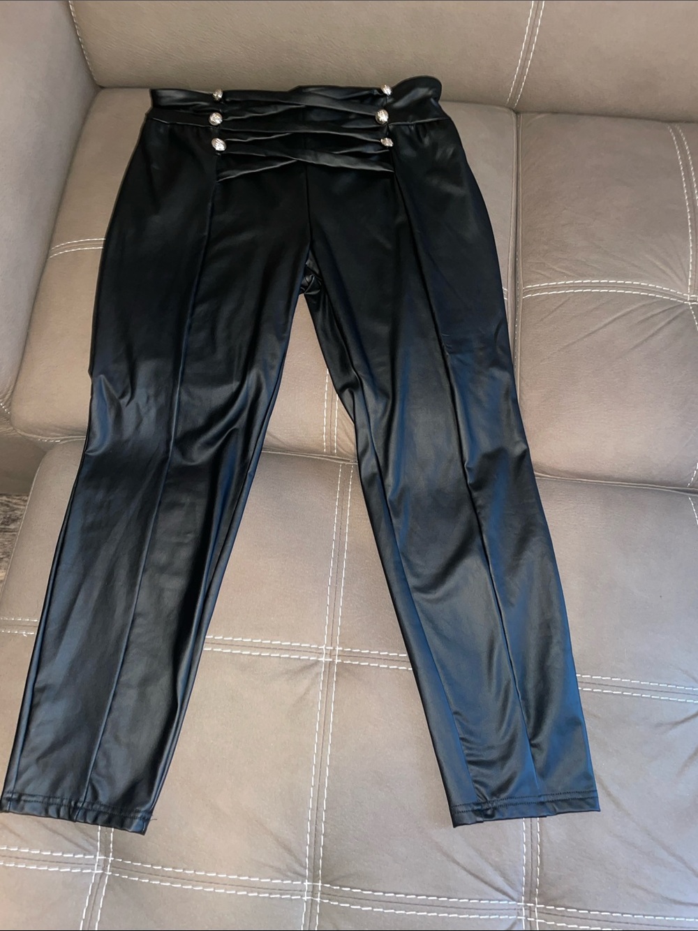 Faux Leather High-Waist Pants with Decorative Buttons